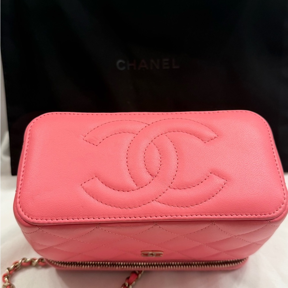 CHANEL Pink Quilted Vanity Cosmetic Case with Gold Chain - Picture 8 of 11